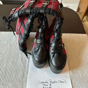 Brand new, Lamoda Boots, Red Plaid Platform Lace-Up Boots - Punk Goth Style